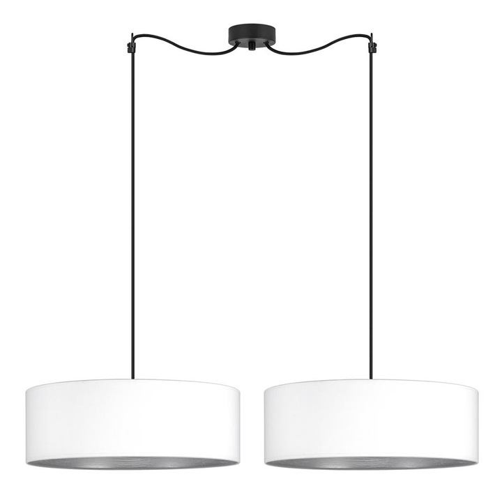 Pendul glamour cu 2 lumini, Sotto Luce Akai, material textil alb/argintiu, cablu textil negru de 1,5 m, 2 x E27 diam. 45 cm