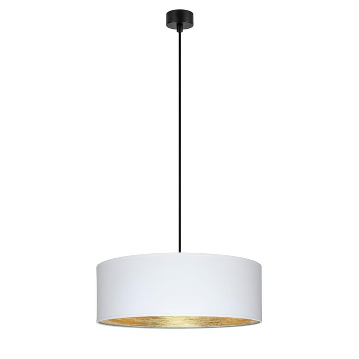 Pendul glamour cu 1 lumina, Sotto Luce Akai, alb/tesatura aurie, cablu negru de 1,5 m, 1 x E27 diam. 45 cm
