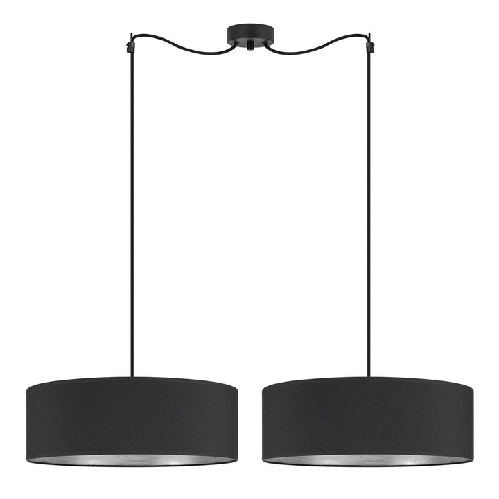 Pendul glamour cu 2 lumini, Sotto Luce Akai, antracit/tesatura argintie, 1,5 m cablu negru din tesatura, 2 x E27 diam. 45 cm