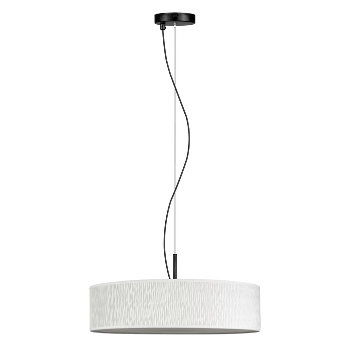 Pendul elegant cu 3 lumini, Sotto Luce Aoi, tesatura alba, cablu negru de 1,5 m, 3 x E27 diam. 50 cm