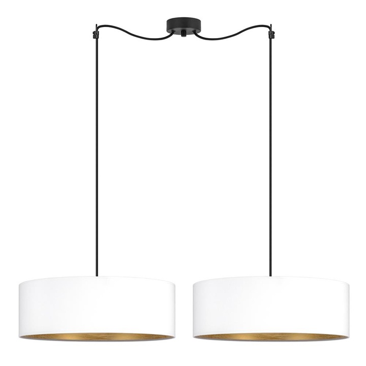 Pendul glamour cu 2 lumini, Sotto Luce Akai, material textil alb/auriu, cablu textil negru de 1,5 m, 2 x E27 diam. 45 cm