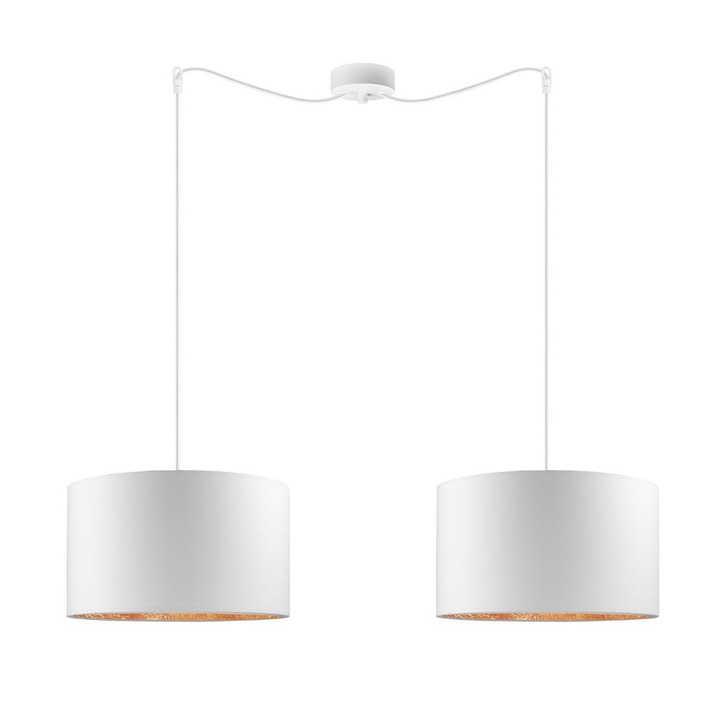 Suspensie de design cu 2 lumini, Sotto Luce Mika, material textil alb/cupru, cablu textil alb de 1,5 m, 2 x E27 diam. 36 cm