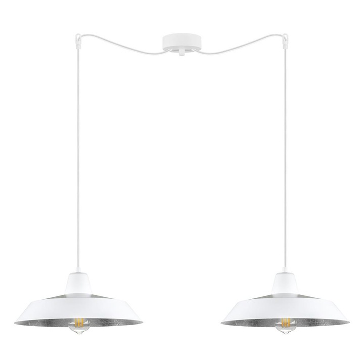 Suspensie retro cu 2 lumini, Sotto Luce Kirei, metal alb/argintiu, cablu textil alb de 1,5 m, 2 x E27 diam. 35 cm