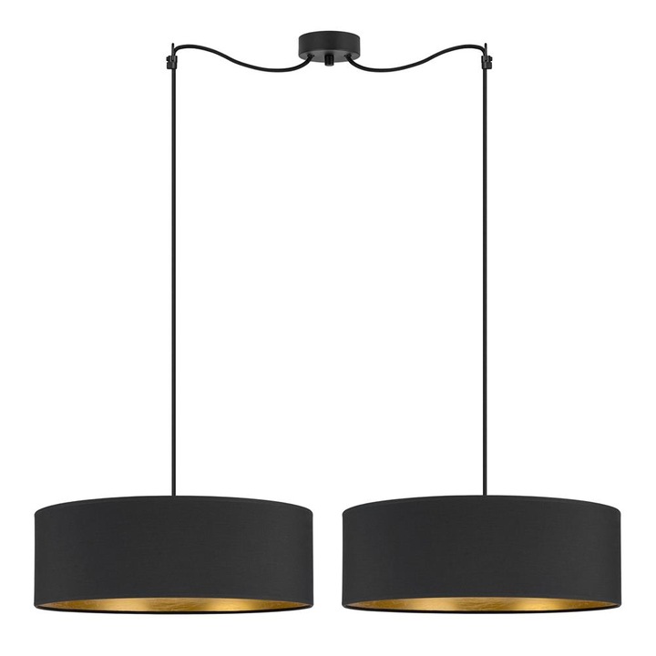 Pendul modern cu 2 lumini, Sotto Luce Akai, material textil antracit/auriu, cablu textil negru de 1,5 m, 2 x E27 diam. 45 cm