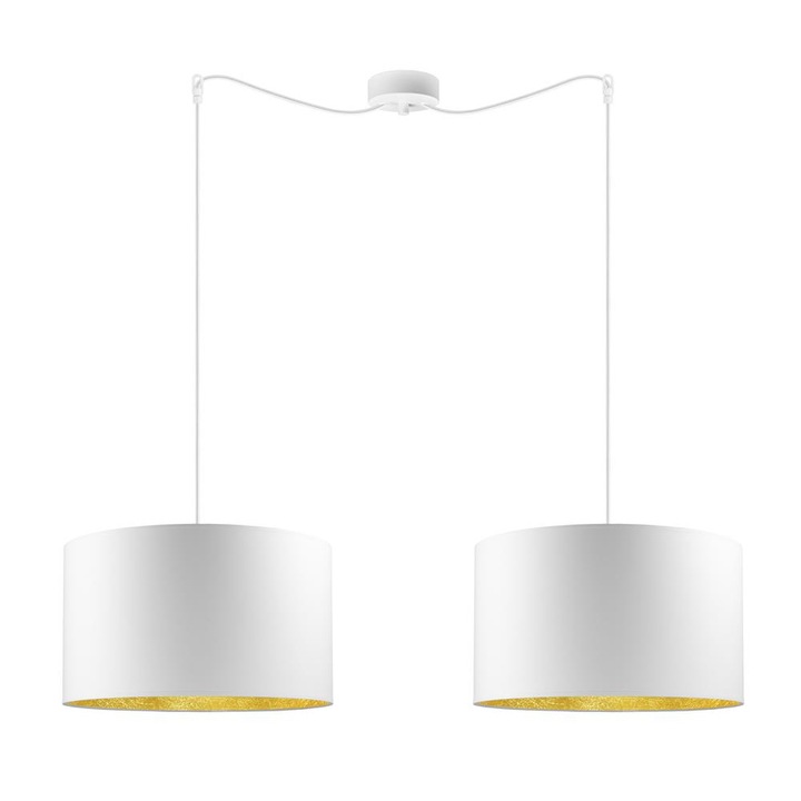 Suspensie moderna cu 2 lumini, Sotto Luce Mika, tesatura alba/aurie, cablu textil alb de 1,5 m, 2 x E27 diam. 40 cm