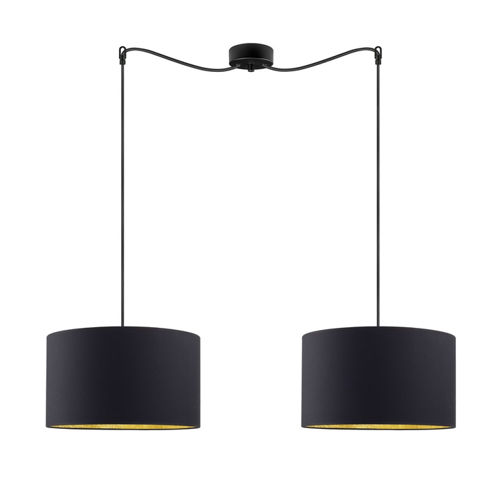 Suspensie de design cu 2 lumini, Sotto Luce Mika, tesatura neagra/aur, cablu negru din tesatura de 1,5 m, 2 x E27 diam. 36 cm