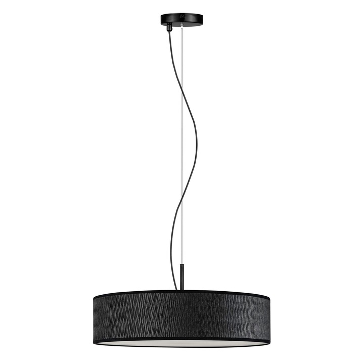 Pendul elegant cu 3 lumini, Sotto Luce Aoi, tesatura neagra, cablu negru de 1,5 m, 3 x E27 diam. 50 cm
