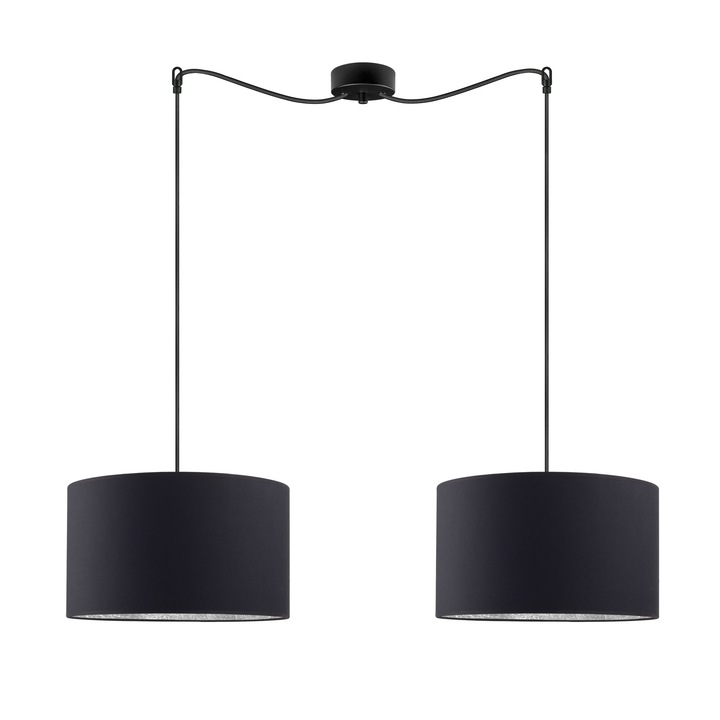 Suspensie de design cu 2 lumini, Sotto Luce Mika, tesatura neagra/argintie, cablu negru din tesatura de 1,5 m, 2 x E27 diam. 36 cm