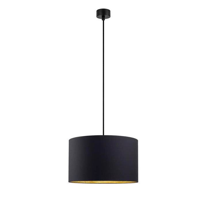 Pendul modern cu 1 lumina, Sotto Luce Mika, tesatura neagra/aurie, cablu negru din tesatura neagra de 1,5 m, 1 x E27 diam. 40 cm