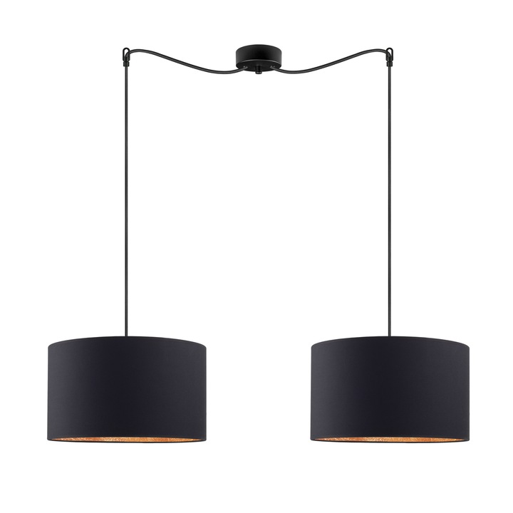 Suspensie de design cu 2 lumini, Sotto Luce Mika, negru/tesatura de cupru, cablu negru de 1,5 m, 2 x E27 diam. 36 cm