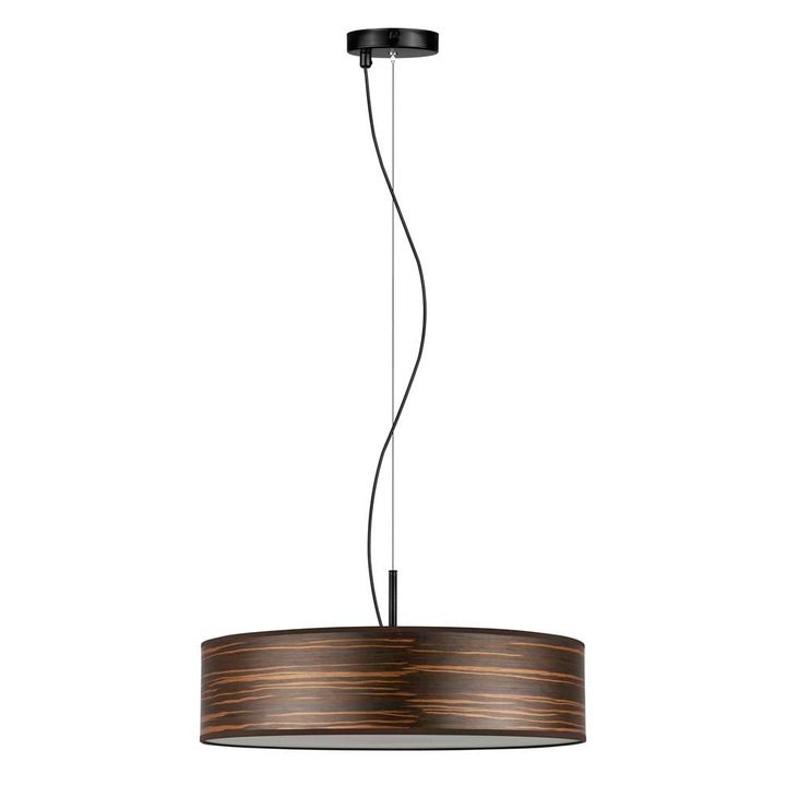 Pendul de design cu 3 lumini, Sotto Luce Akira, furnir din lemn cu dungi maro, cablu negru din material textil de 1,5 m, 3 x E27 diam. 50 cm