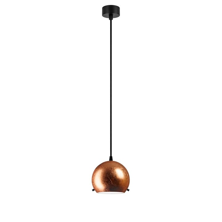 Pendul de design cu 1 lumina, Sotto Luce Myoo, cupru/sticla opalina, 1,5 m cablu textil negru, 1 x E14 diam. 15 cm