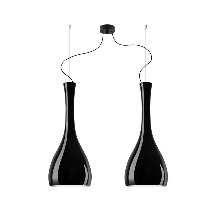 Pendul modern cu 2 lumini, Sotto Luce Itteki, sticla neagra, 1,5 m cablu textil negru, 2 x E27 diam. 26 cm