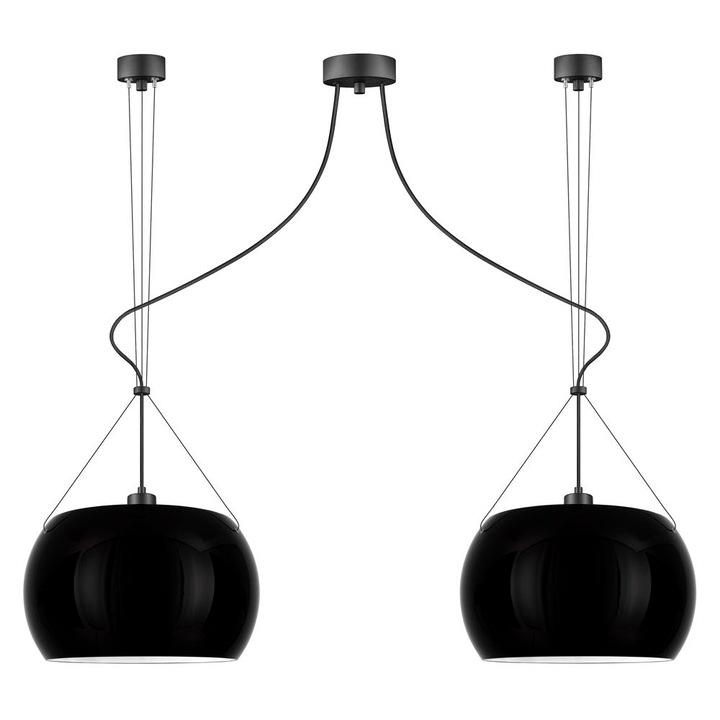 Suspensie de design cu 2 lumini, Sotto Luce Momo, sticla neagra, cablu negru din material textil de 1,5 m, 2 x E27 diam. 33 cm