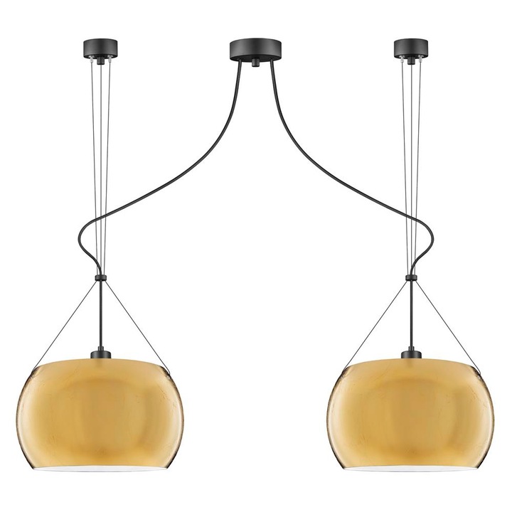 Suspensie de design cu 2 lumini, Sotto Luce Momo, sticla aurie/opala, cablu negru din material textil de 1,5 m, 2 x E27 diam. 33 cm