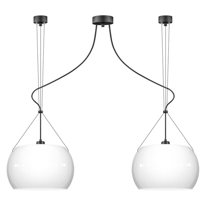 Suspensie de design cu 2 lumini, Sotto Luce Momo, sticla opalina, 1,5 m cablu negru din material textil, 2 x E27 diam. 33 cm