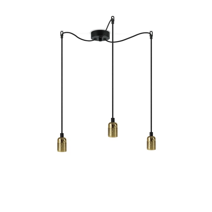 Pendul minimalist cu 3 lumini, Sotto Luce Bi, alama, cablu negru din material textil de 1,5 m, 3 x prize E27