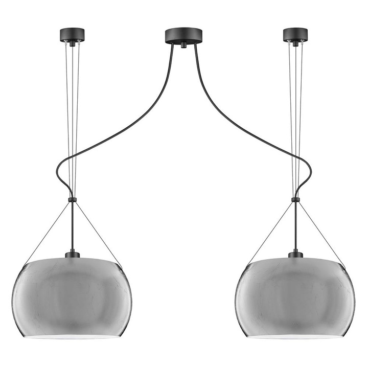 Suspensie de design cu 2 lumini, Sotto Luce Momo, sticla argintie/opala, cablu negru din material textil de 1,5 m, 2 x E27 diam. 33 cm
