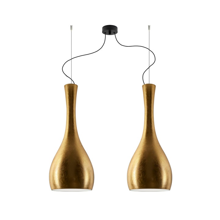 Pendul modern cu 2 lumini, Sotto Luce Itteki, sticla auriu/opal, 1,5 m cablu textil negru, 2 x E27 diam. 26 cm