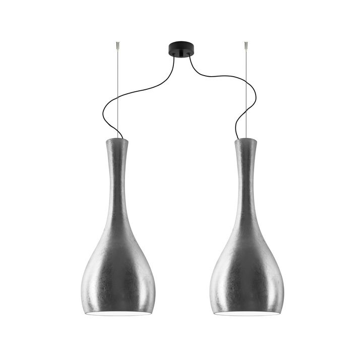 Pendul modern cu 2 lumini, Sotto Luce Itteki, sticla argintie/opala, cablu negru din material textil de 1,5 m, 2 x E27 diam. 26 cm