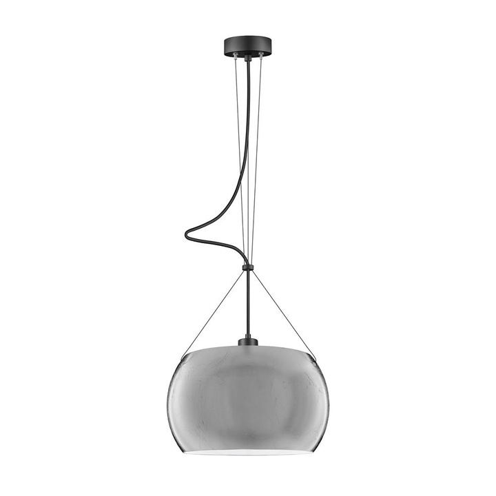 Pendul de design cu 1 lumina, Sotto Luce Momo, sticla argintie/opala, cablu textil negru de 1,5 m, 1 x E27 diam. 33 cm