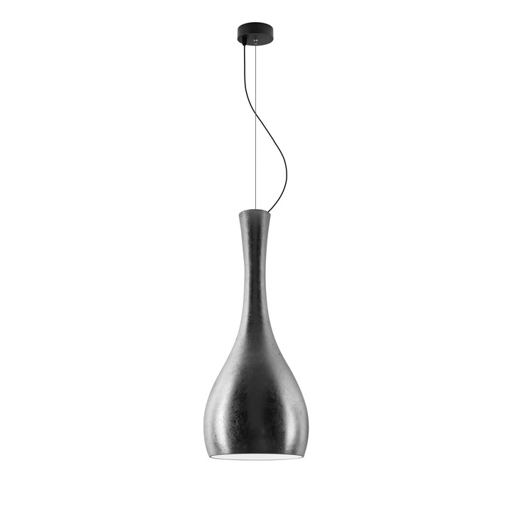 Pendul modern cu 1 lumina, Sotto Luce Itteki, sticla argintie/opal, cablu textil negru de 1,5 m, 1 x E27 diam. 26 cm