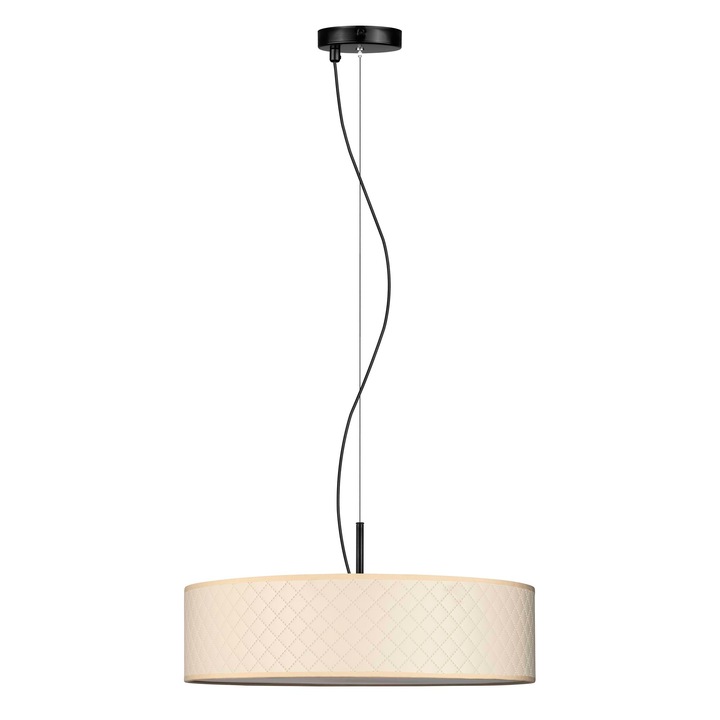 Pendul elegant cu 3 lumini, Sotto Luce Aki, piele artificiala de fildes, cablu textil negru de 1,5 m, 3 x E27 diam. 50 cm