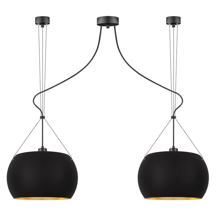 Suspensie de design cu 2 lumini, Sotto Luce Momo, sticla neagra mata/dorata, cablu textil negru de 1,5 m, 2 x E27 diam. 33 cm