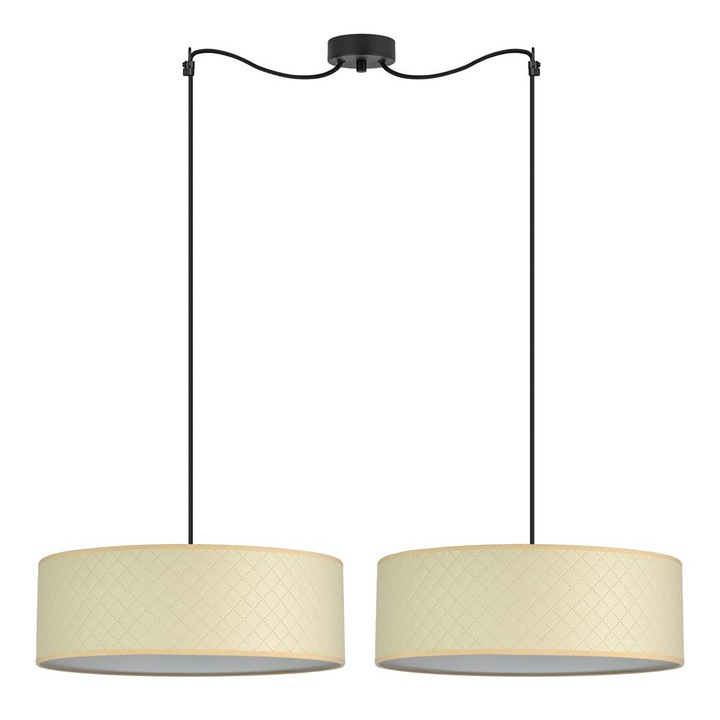 Pendul elegant cu 2 lumini, Sotto Luce Aki, piele artificiala de culoarea fildesului, cablu textil negru de 1,5 m, 2 x E27 diam. 45 cm