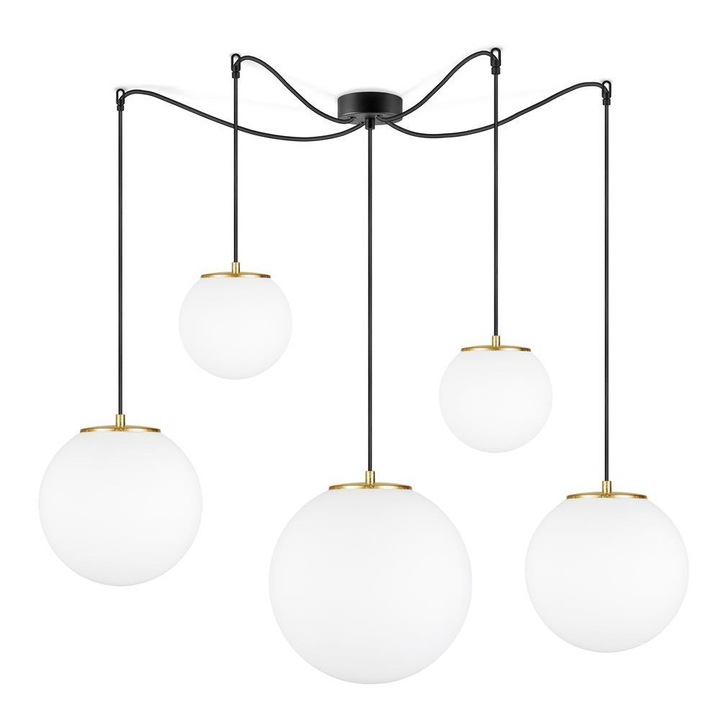 Pendul cu glob cu 5 lumini, Sotto Luce Tsuki, sticla opal mata/ aurie, cablu negru din material textil de 1,5 m, 5 x E27
