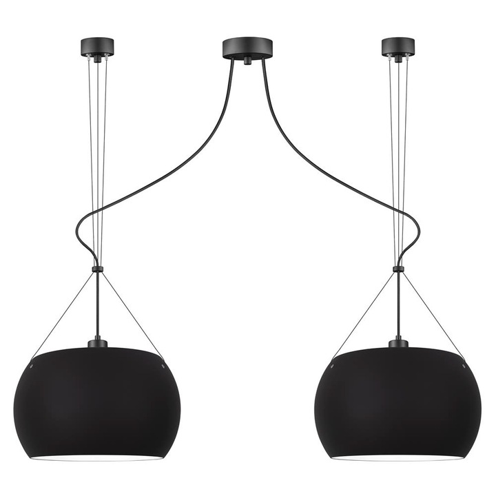 Suspensie de design cu 2 lumini, Sotto Luce Momo, sticla neagra mata, cablu textil negru de 1,5 m, 2 x E27 diam. 33 cm