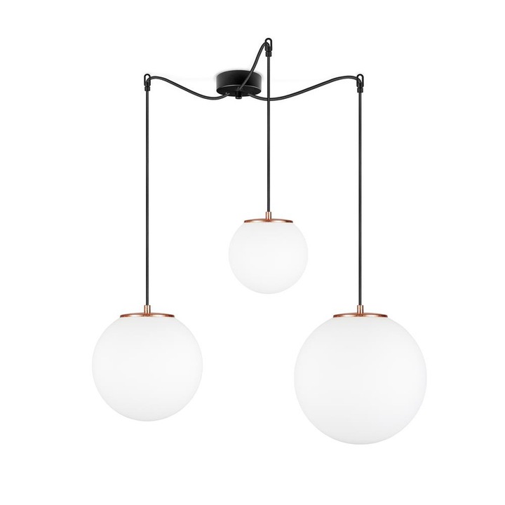 Suspensie cu glob cu 3 lumini, Sotto Luce Tsuki, sticla opalina/cupru mat, cablu negru din material textil de 1,5 m, 3 x E27