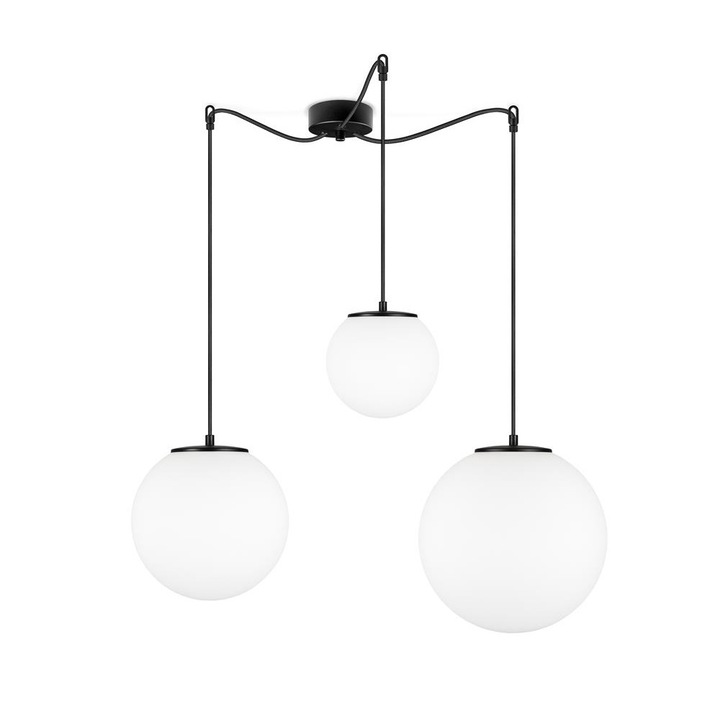 Suspensie globulara cu 3 lumini, Sotto Luce Tsuki, sticla opalina mata/neagra, cablu textil negru de 1,5 m, 3 x E27