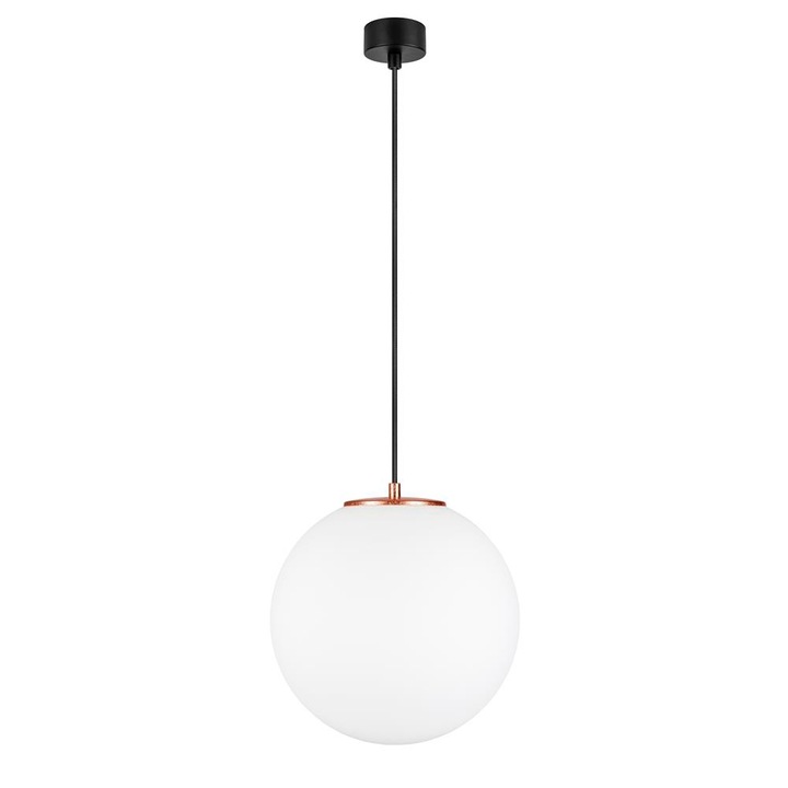 Suspensie globulara cu 1 lumina, Sotto Luce Tsuki, sticla opalina/cupru mat, cablu textil negru de 1,5 m, 1 x E27 diam. 30 cm