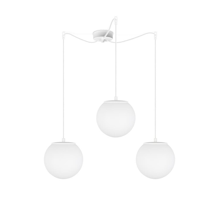 Suspensie globulara cu 3 lumini, Sotto Luce Tsuki, sticla opalina mata/alba, cablu textil alb de 1,5 m, 3 x E27 diam. 20 cm