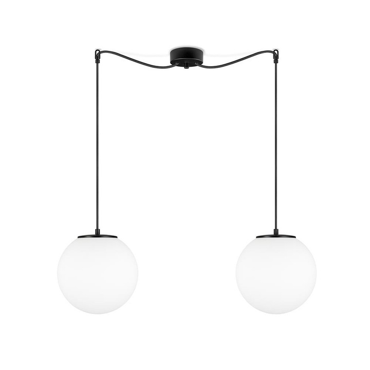 Suspensie globulara cu 2 lumini, Sotto Luce Tsuki, sticla opalina mata/neagra, cablu textil negru de 1,5 m, 2 x E27 diam. 25 cm