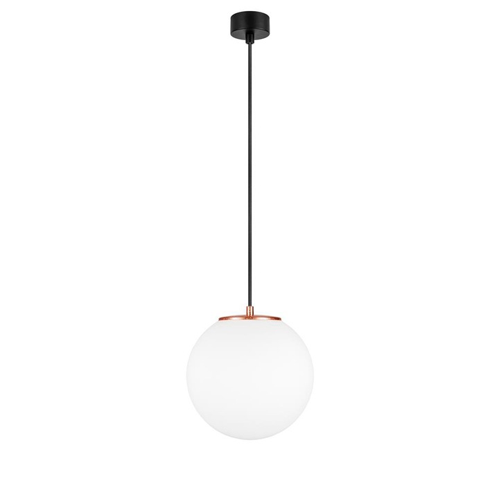 Suspensie globulara cu 1 lumina, Sotto Luce Tsuki, sticla opalina/cupru mat, cablu textil negru de 1,5 m, 1 x E27 diam. 25 cm