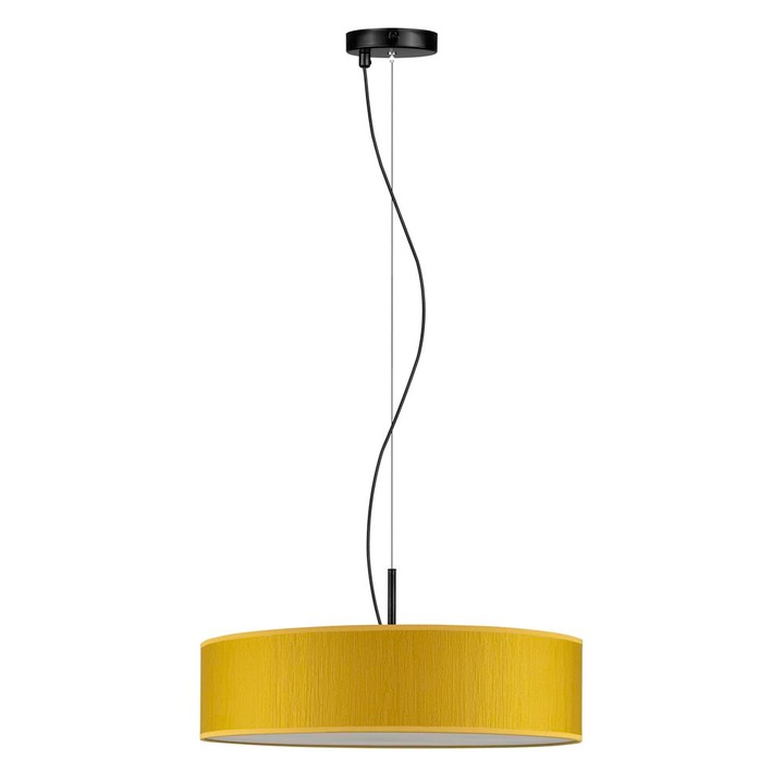 Suspensie moderna cu 3 lumini, Sotto Luce Umai, tesatura mustar, cablu negru de 1,5 m, 3 x E27 diam. 50 cm