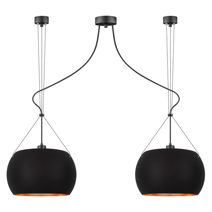 Suspensie de design cu 2 lumini, Sotto Luce Momo, sticla neagra/cupru mata, cablu negru din material textil de 1,5 m, 2 x E27 diam. 33 cm