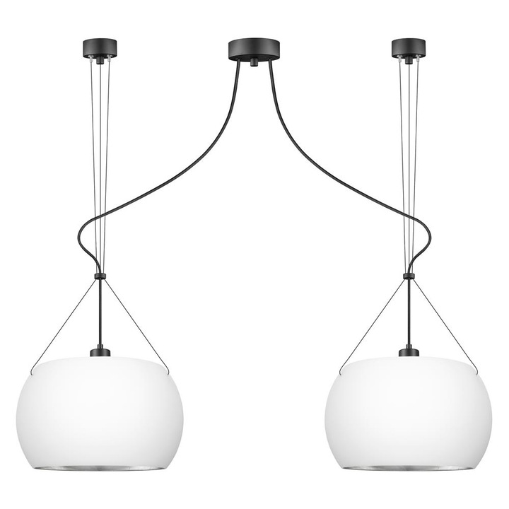 Suspensie de design cu 2 lumini, Sotto Luce Momo, sticla opalina mata/argintie, cablu textil negru de 1,5 m, 2 x E27 diam. 33 cm