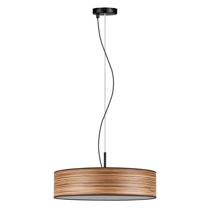 Suspensie de design cu 3 lumini, Sotto Luce Akira, furnir din lemn de zebrano, cablu negru din material textil de 1,5 m, 3 x E27 diam. 50 cm