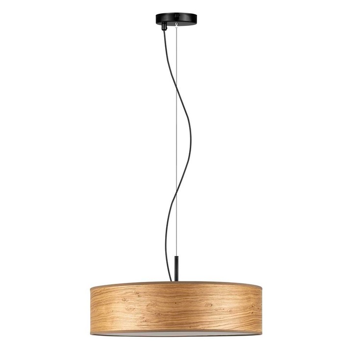 Suspensie de design cu 3 lumini, Sotto Luce Akira, furnir de stejar rustic, cablu negru din material textil de 1,5 m, 3 x E27 diam. 50 cm