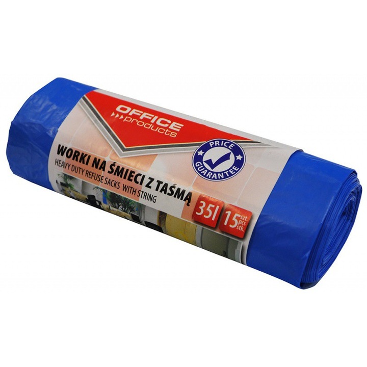 Saci Menaj Premium 35l, Cu Snur, 48 X 56cm, 17 Microni, 15buc/rola, Office Products - Albastri
