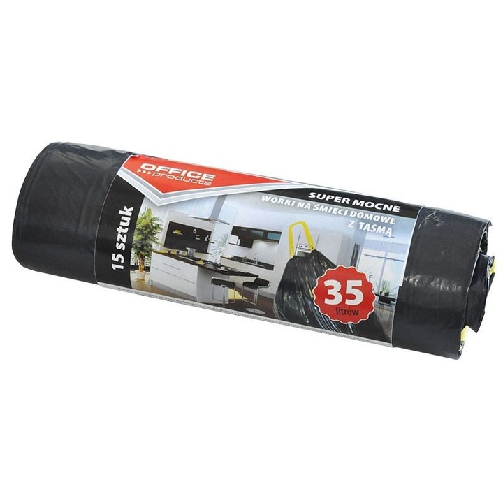 Saci Menaj Super Rezistenti 35l, Cu Snur, 46 X 56cm, 25 Microni, 15buc/rola, Office Products -negri