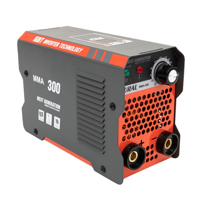 Hegesztőgép, Inverter Altai MMA 300 A, tartozékaiban hegesztőmaszk, kefe, kalapács salakhoz, elektródatartó fogó, asztali fogó