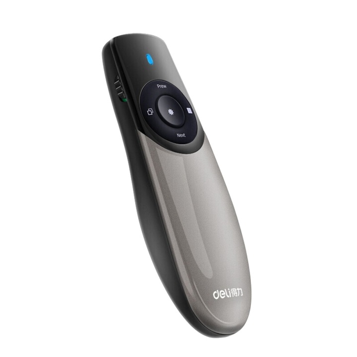 OEM Vezeték nélküli prezenter piros lézerrel, Deli 2805, távolság 100m, 360mAh, újratölthető akkumulátor, Windows/MacOs, fekete