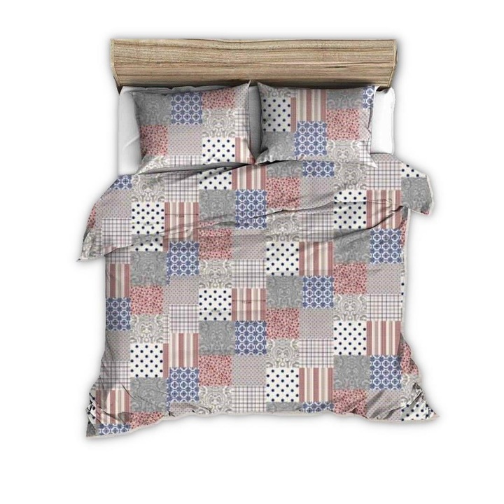 Set lenjerie de pat FAN, Bumbac, 160x200 model burgundy bleumarin patchwork check