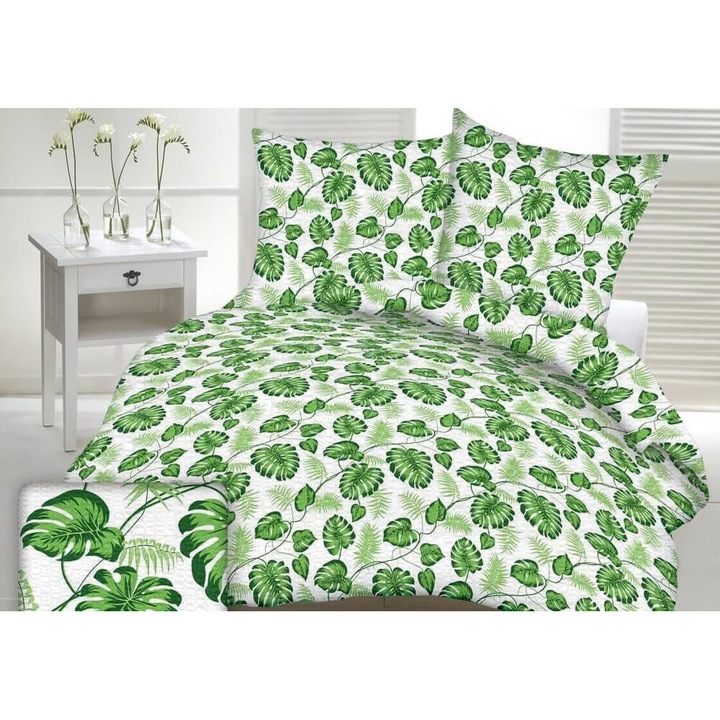Lenjerie de pat Fan, Husa pilota/2 fete perna, Impriemu cu frunze exotice, Bumbac, 160x200 cm, Alb/Verde