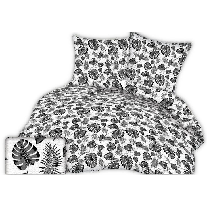 Set Lenjerie de pat din scoarta FAN Bumbac, 160x200 cm, model frunze exotice 2 multicolor