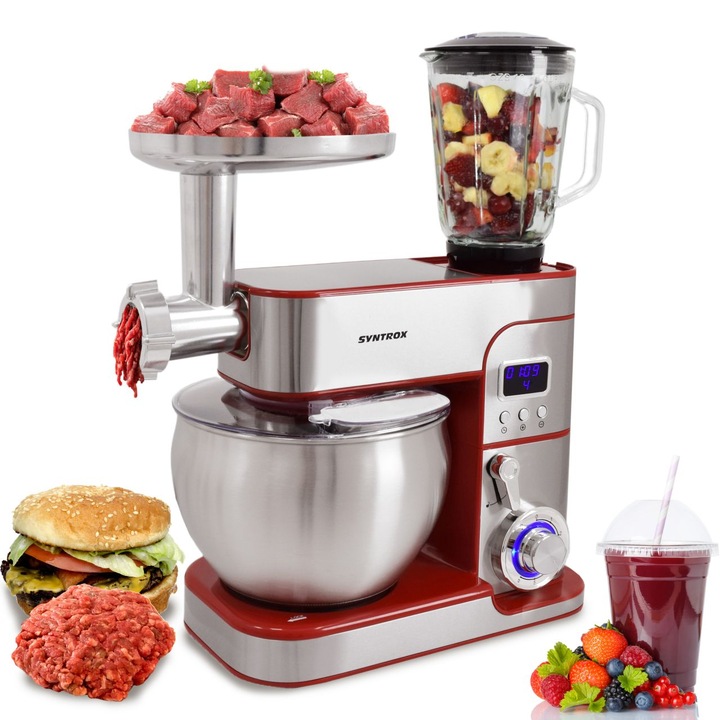 Кухненски робот, Syntrox, Неръждаема стомана, 1300 W, 7 л, Сребрист/Червен